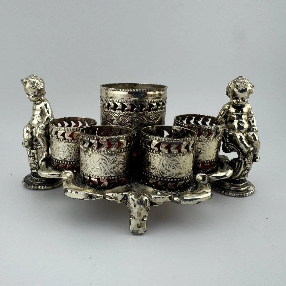 Vintage Small Cherub Vanity Organizer Silver tone Victorian Red Velvet Putti